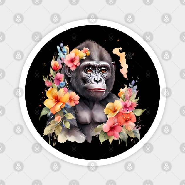 A gorilla decorated with beautiful watercolor flowers Magnet by CreativeSparkzz